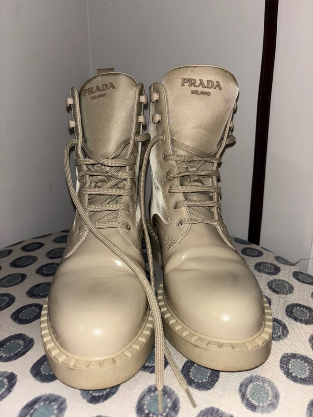Prada Cream Leather Lace-Up Combat Boots